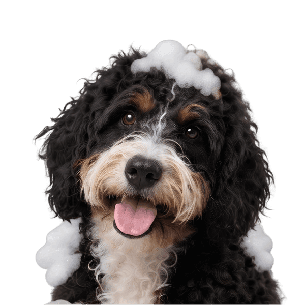 Perro feliz bañado con burbujas de spa Baruch